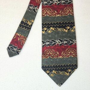 Etienne Aigner 100% Silk Necktie Wide 4in Baroque Scroll Stripe Burgundy Green
